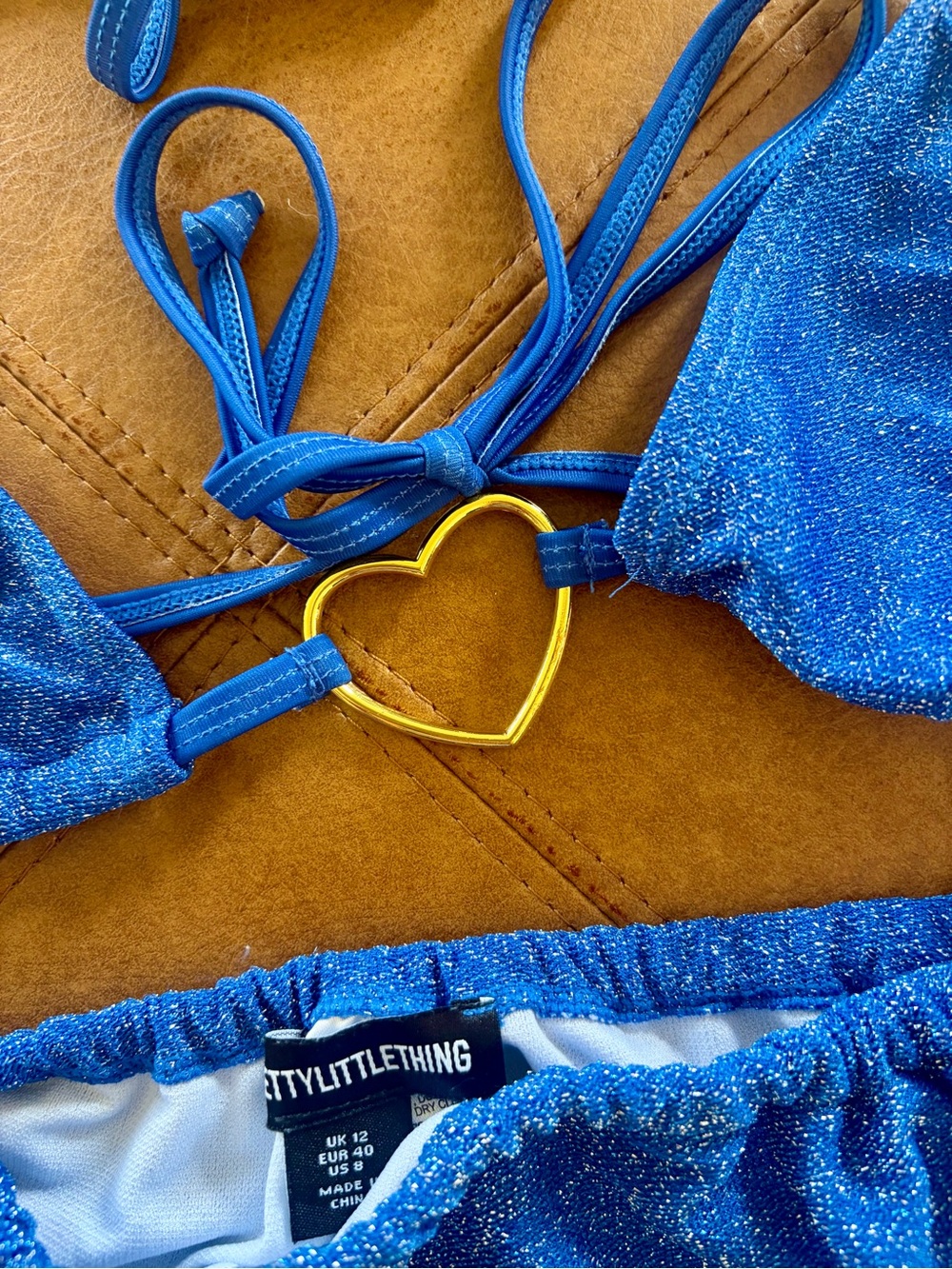 PrettyLittleThing Blue Metallic Shimmer Bikini Set Top Size 2 & Size 8 Bottoms